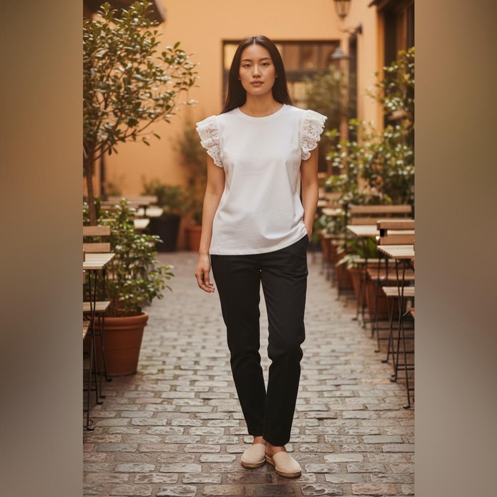 Catherine Malandrino White Modal Tee with Boho Eyelet Lace Ruffle Sleeves M NWT